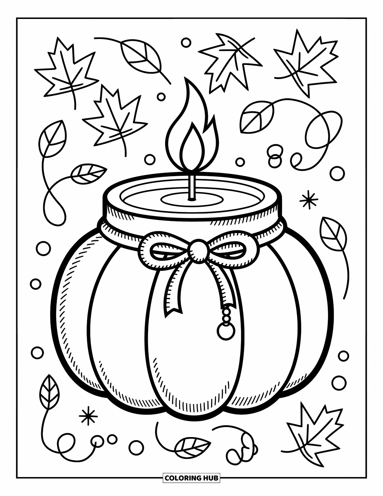 Candle Coloring Page for Adults: Pumpkin-shaped candle with a charm-tied ribbon and doodled falling leaves
