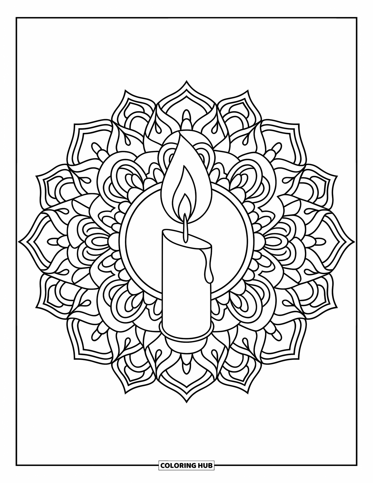 Candle Coloring Page for Adults: Single tall candle with flame at the heart of a mandala