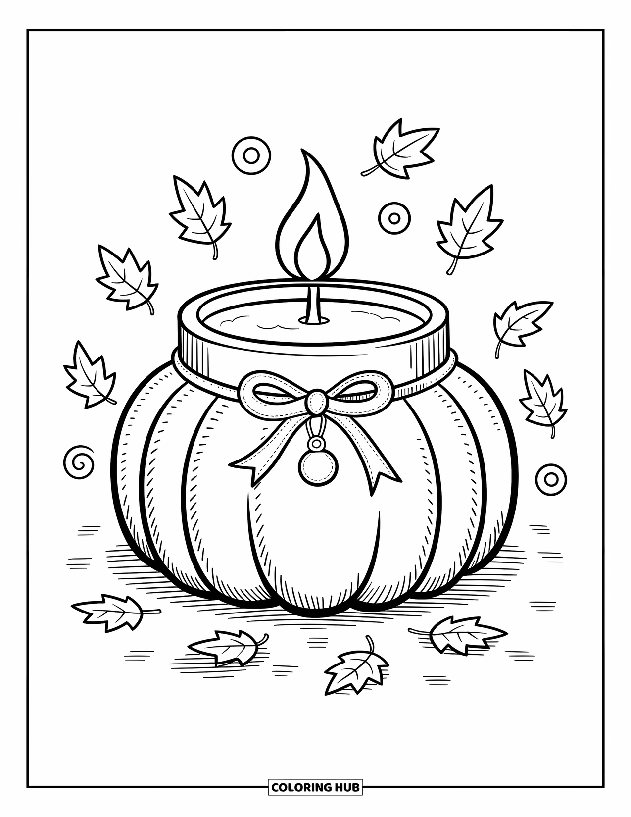 Candle Coloring Page for Adults: Soft pumpkin candle with cozy ridges, leaves, and a charm ribbon
