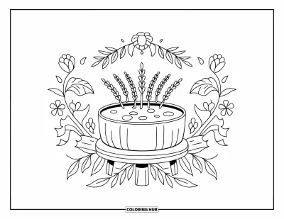 Desen de colorat cu lumânări pentru adulți: Lumânare de spa cu lavandă și pietre încadrată de borduri florale