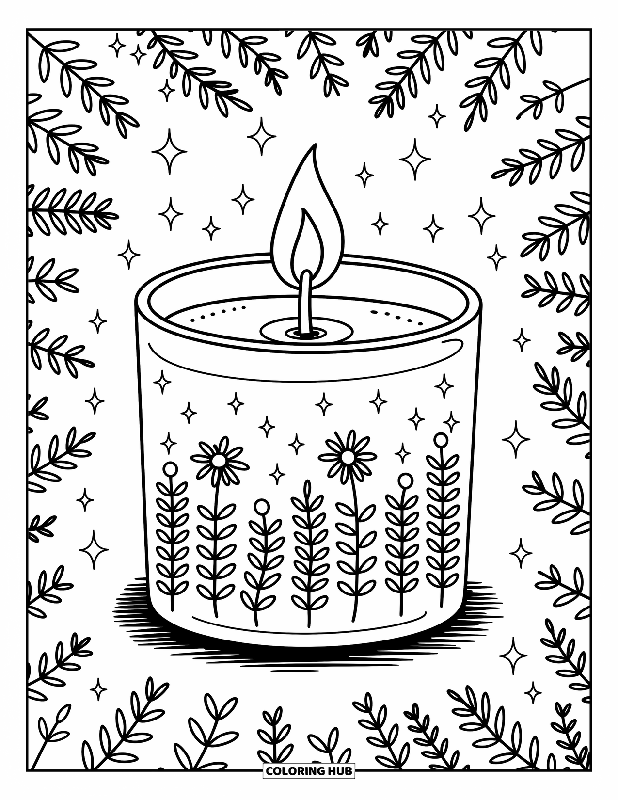 Candle Coloring Page for Adults: Square candle with pressed daisies, fern leaves, and a soft heart-shaped flame