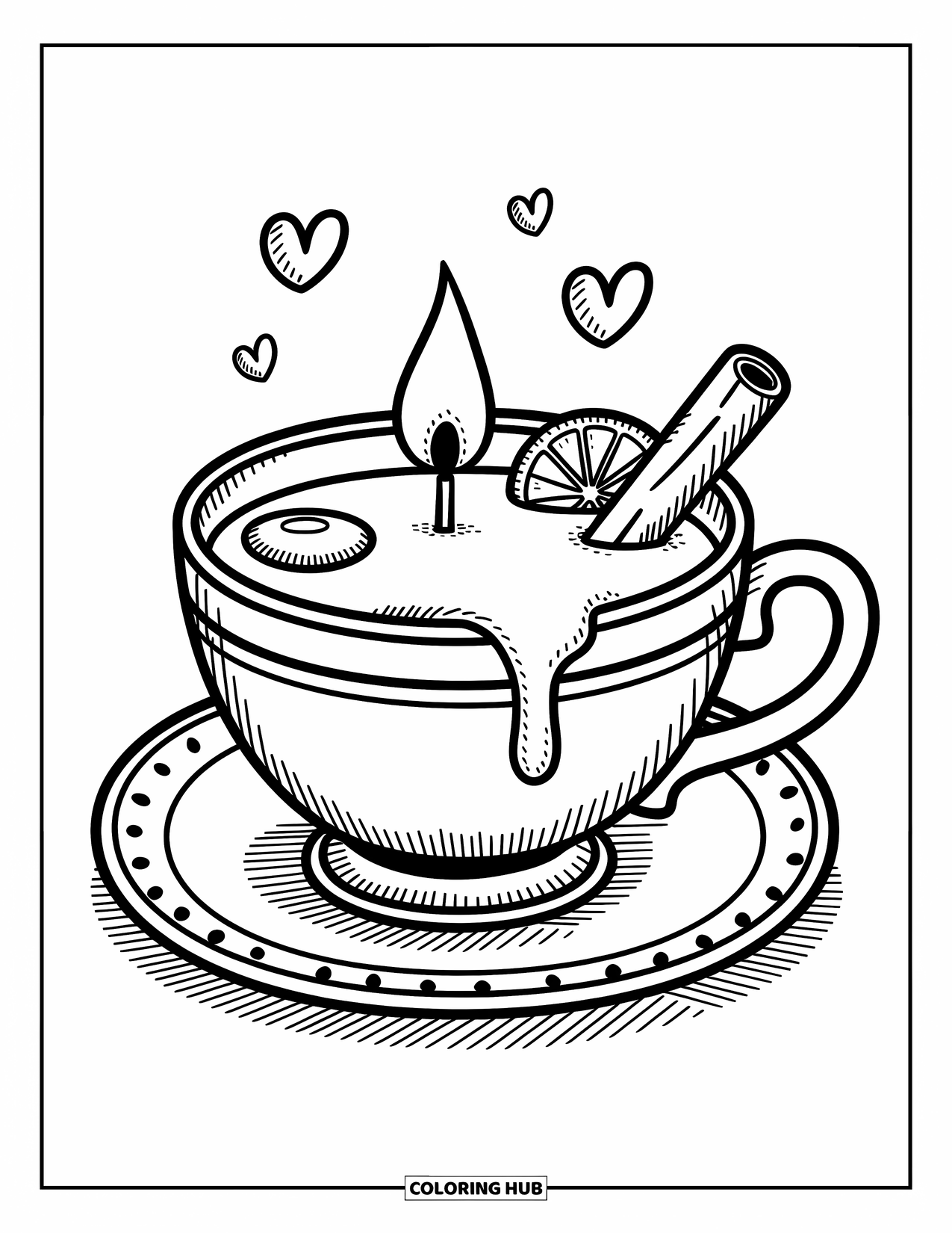 Candle Coloring Page for Adults: Teacup candle with melted wax, a cinnamon stick, and a dried orange slice