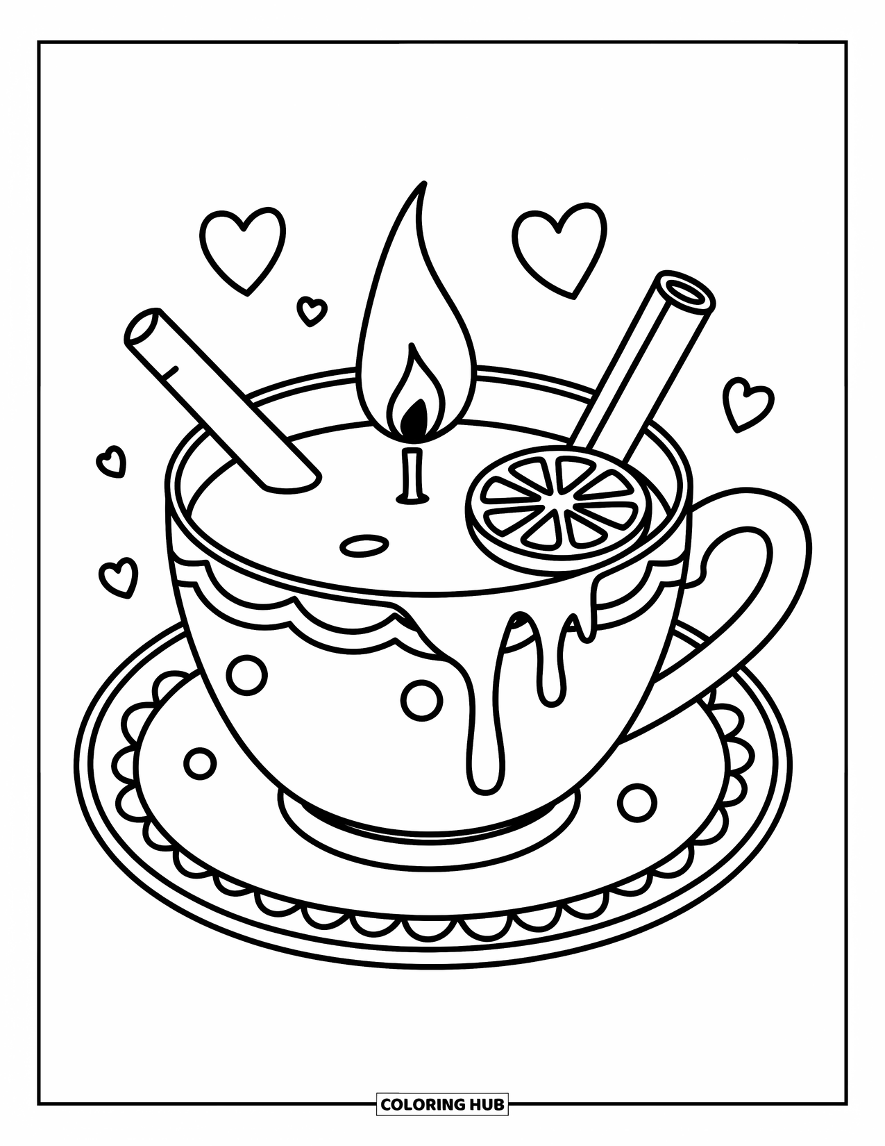 Candle Coloring Page for Adults: Vintage teacup candle with a tiny spoon, floating hearts, and cozy charm