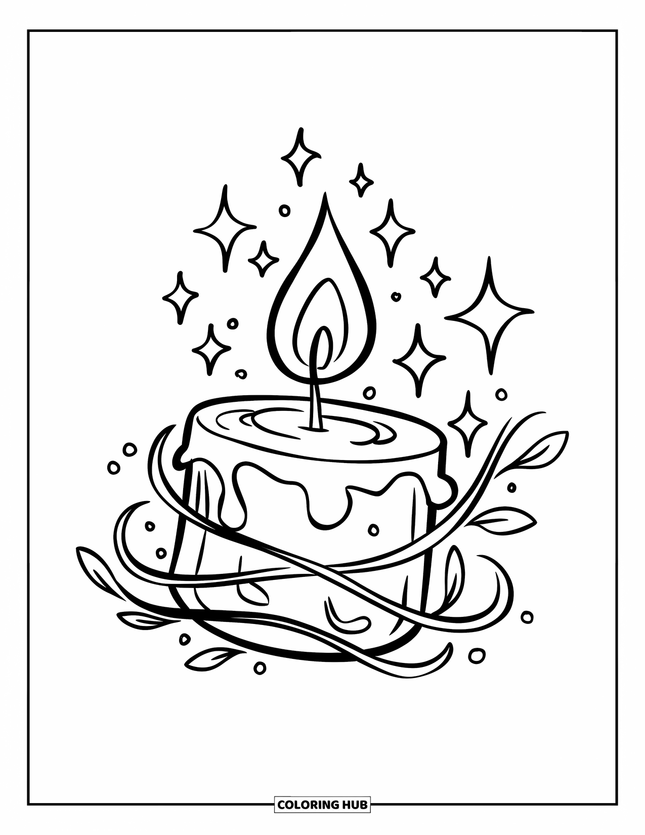 Candle Coloring Page for Kids: A floating candle with sparkles and gentle vines lights up the air