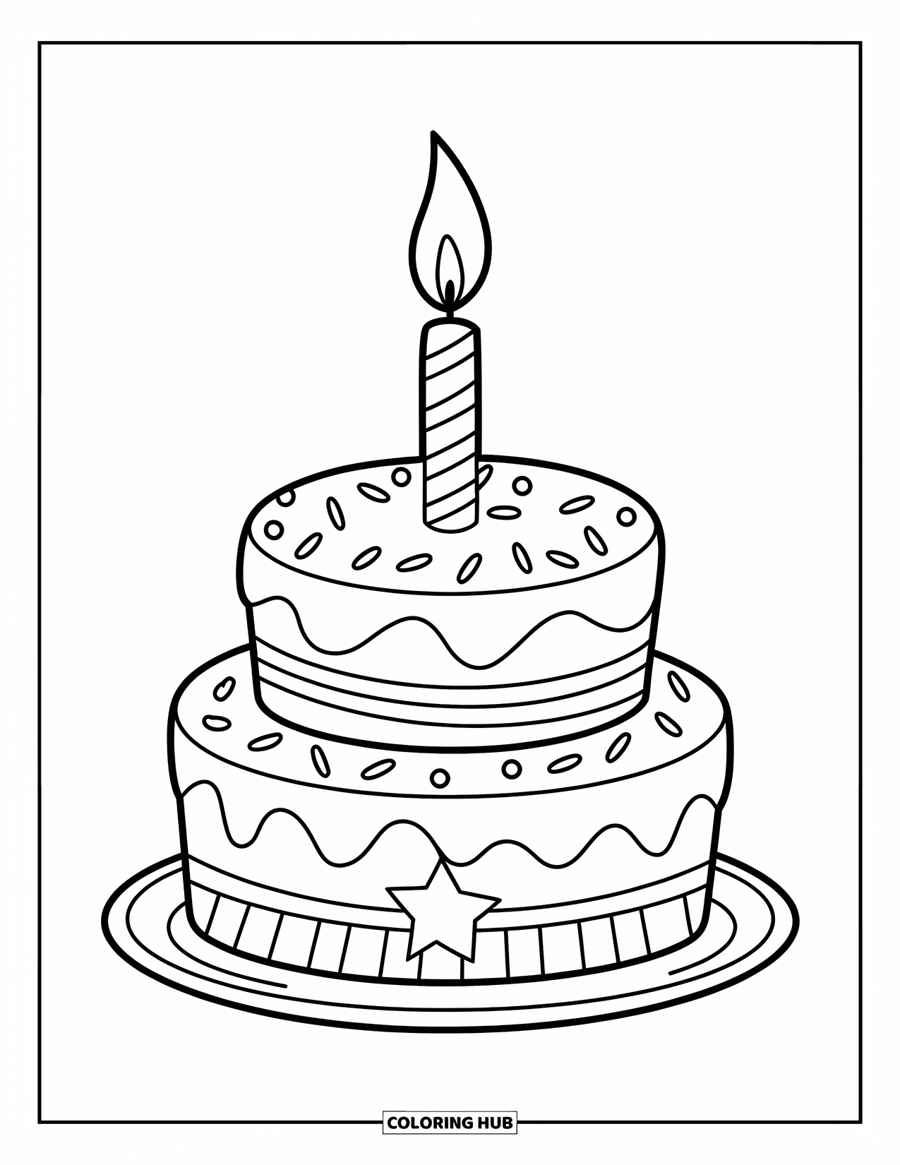 Candle Coloring Page for Kids: Cake with stars, dots, and a tall striped candle ready to celebrate