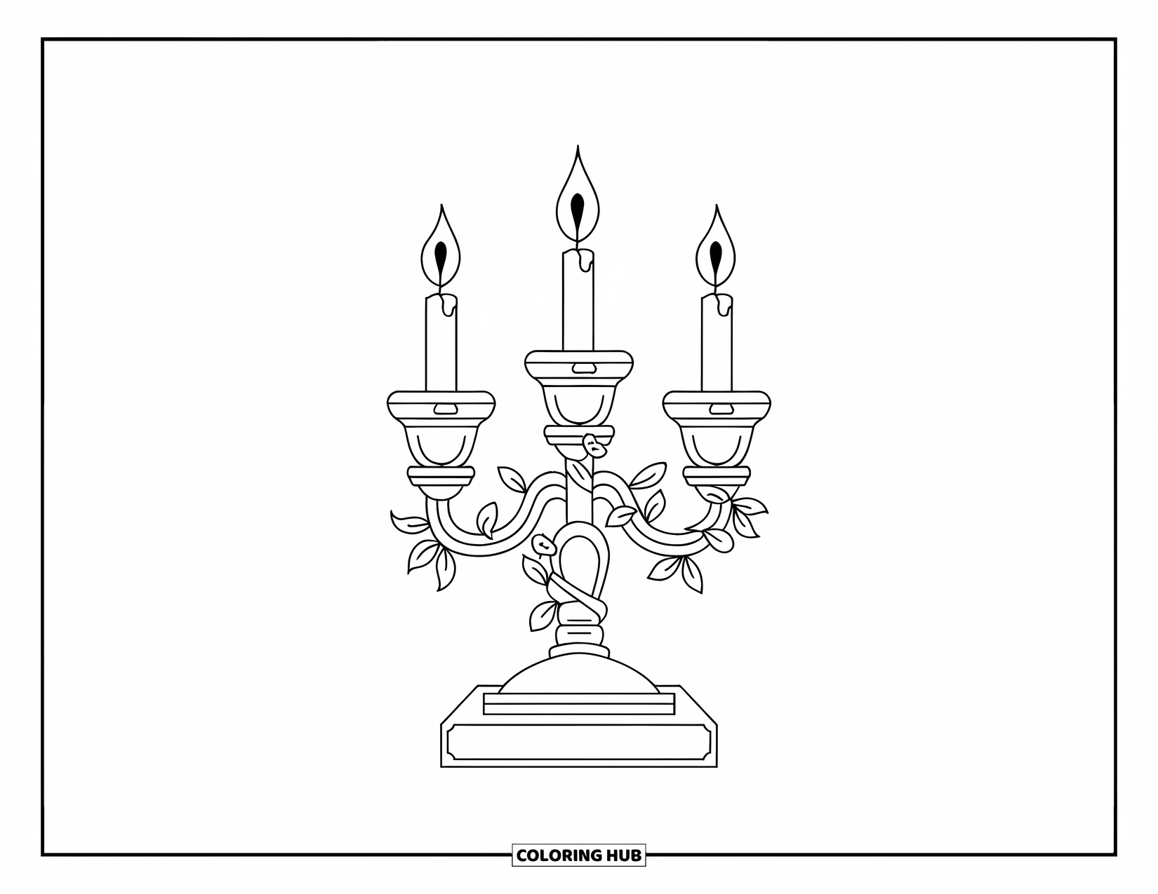 Candle Coloring Page for Kids: Candelabra with candles and leafy vines rests on stone