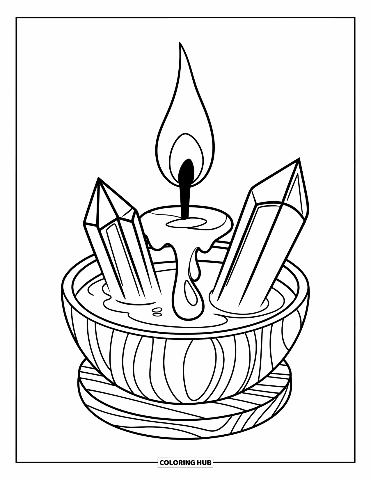 Candle Coloring Page for Kids: Candle dripping into a crystal bowl on a cozy wooden base