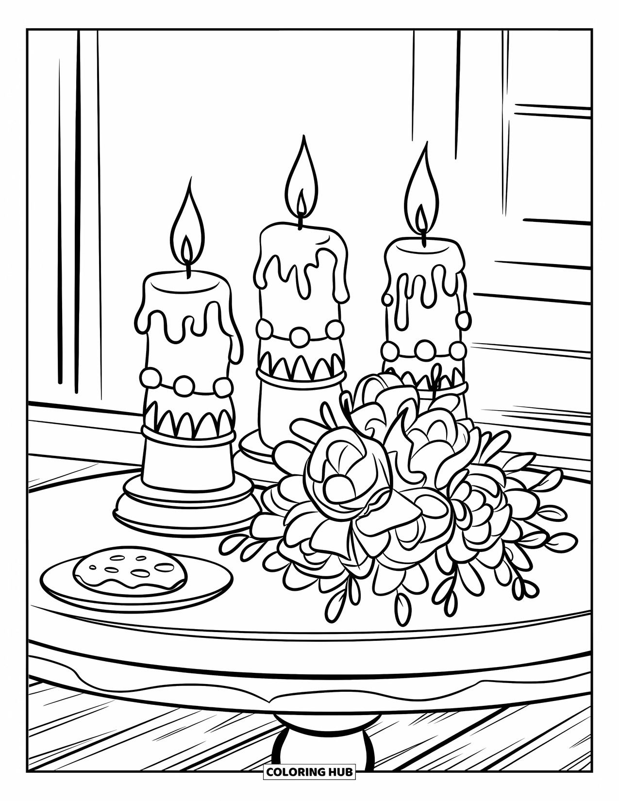 Candle Coloring Page for Kids: Candles, flowers, and a cookie sit on a wooden table by a window