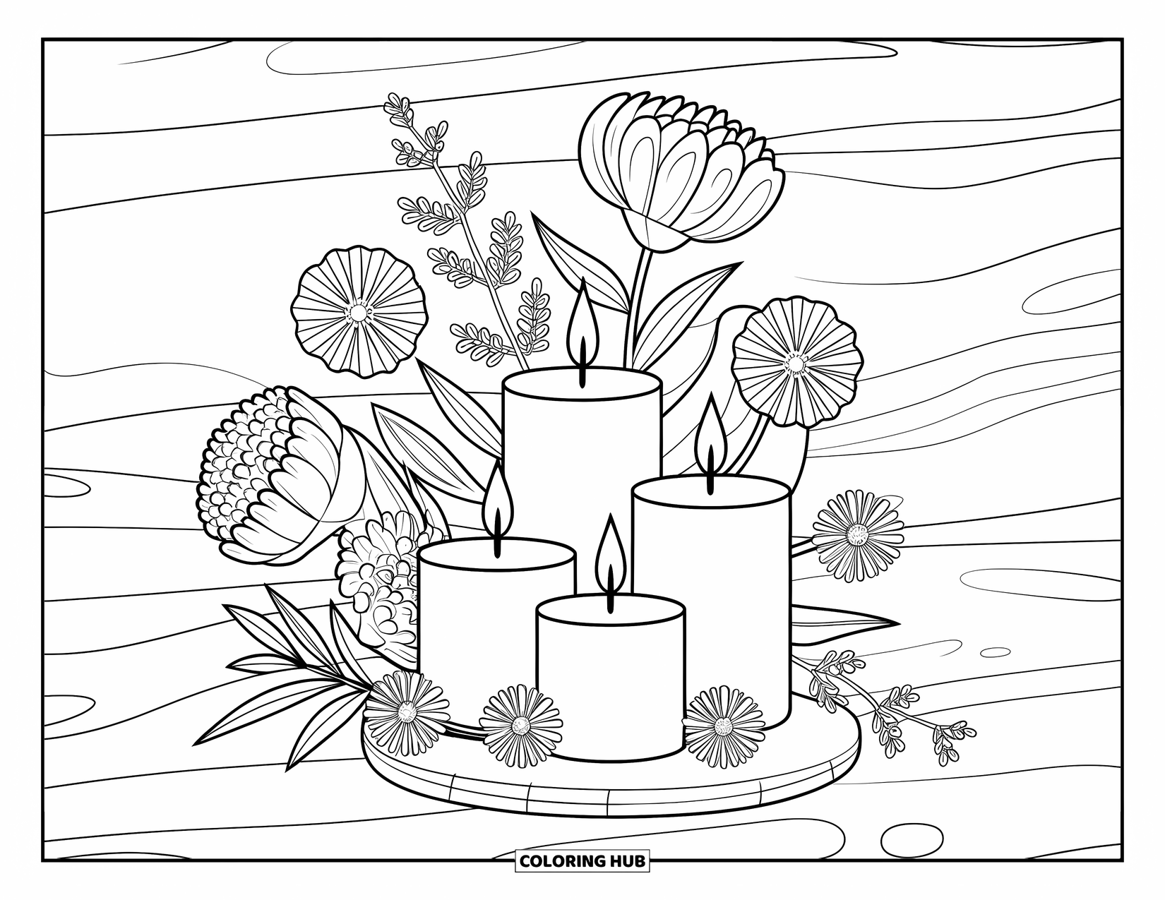 Candle Coloring Page for Kids: Candles on a wooden base with flowers in a vase and soft textured background