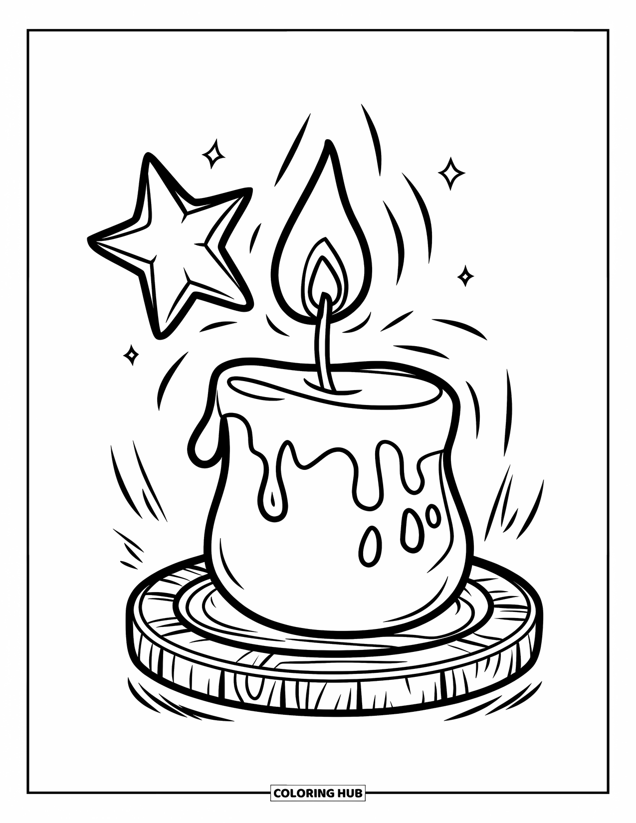 Candle Coloring Page for Kids: Chubby candle and glowing star inside a circle on a wooden base
