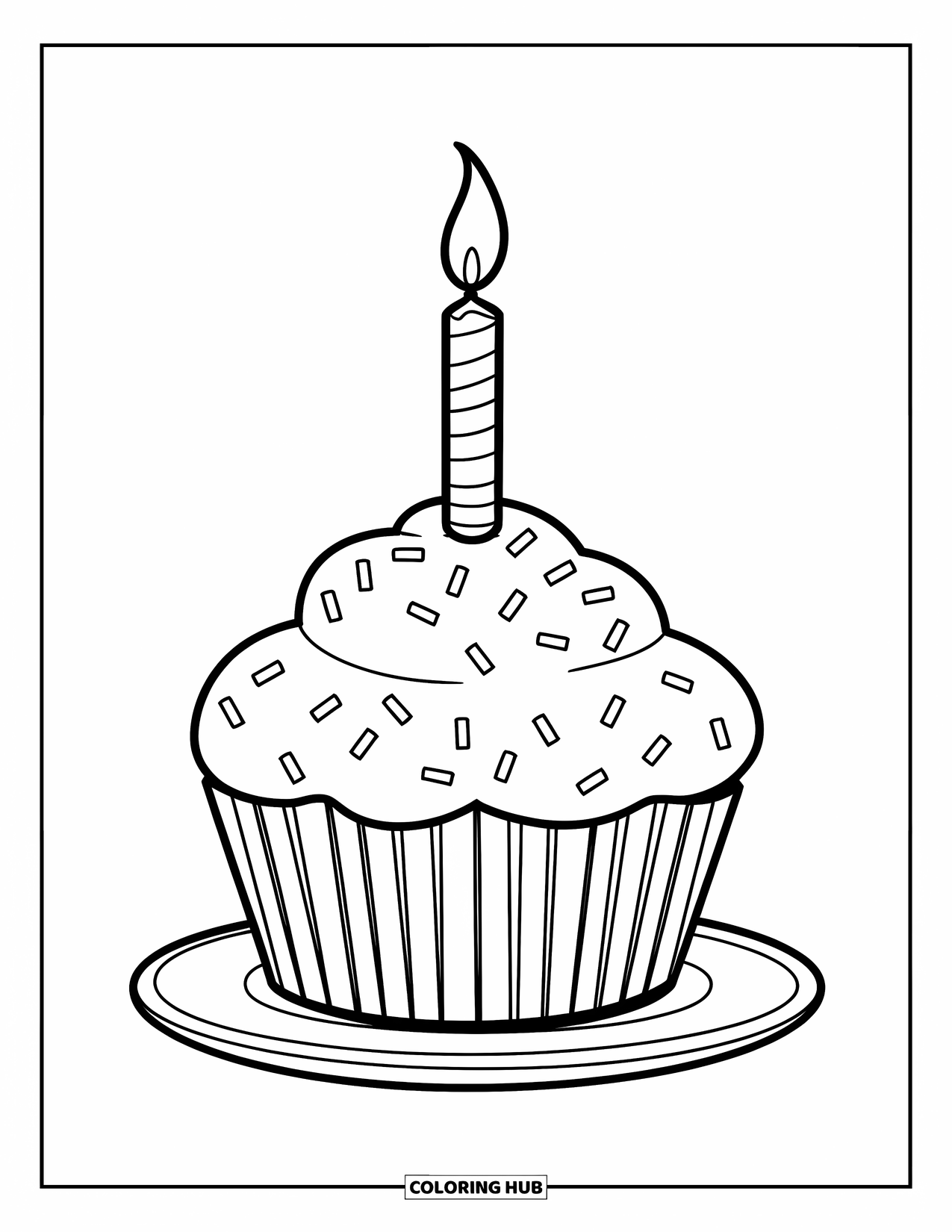 Candle Coloring Page for Kids: Cupcake with a single birthday candle and sprinkles on a white plate