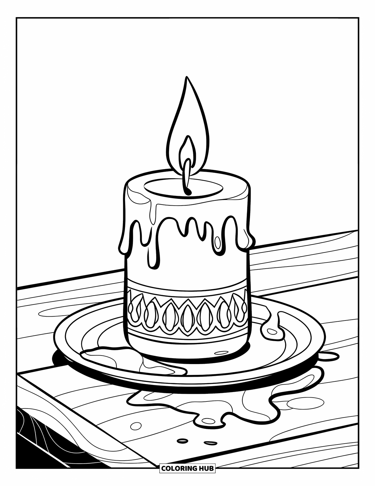 Candle Coloring Page for Kids: Decorative candle with wax drips rests on a plate and wood