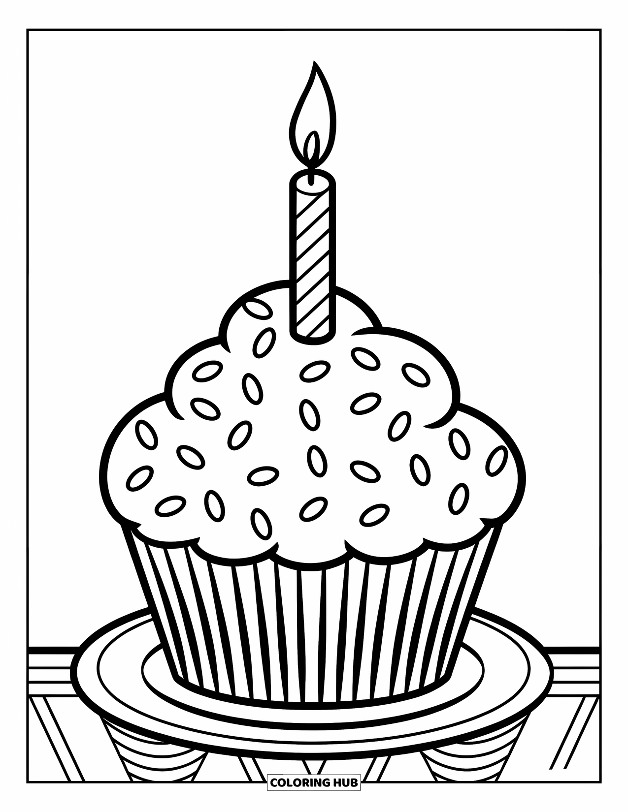 Candle Coloring Page for Kids: Frosted cupcake with a birthday candle on top of a plate