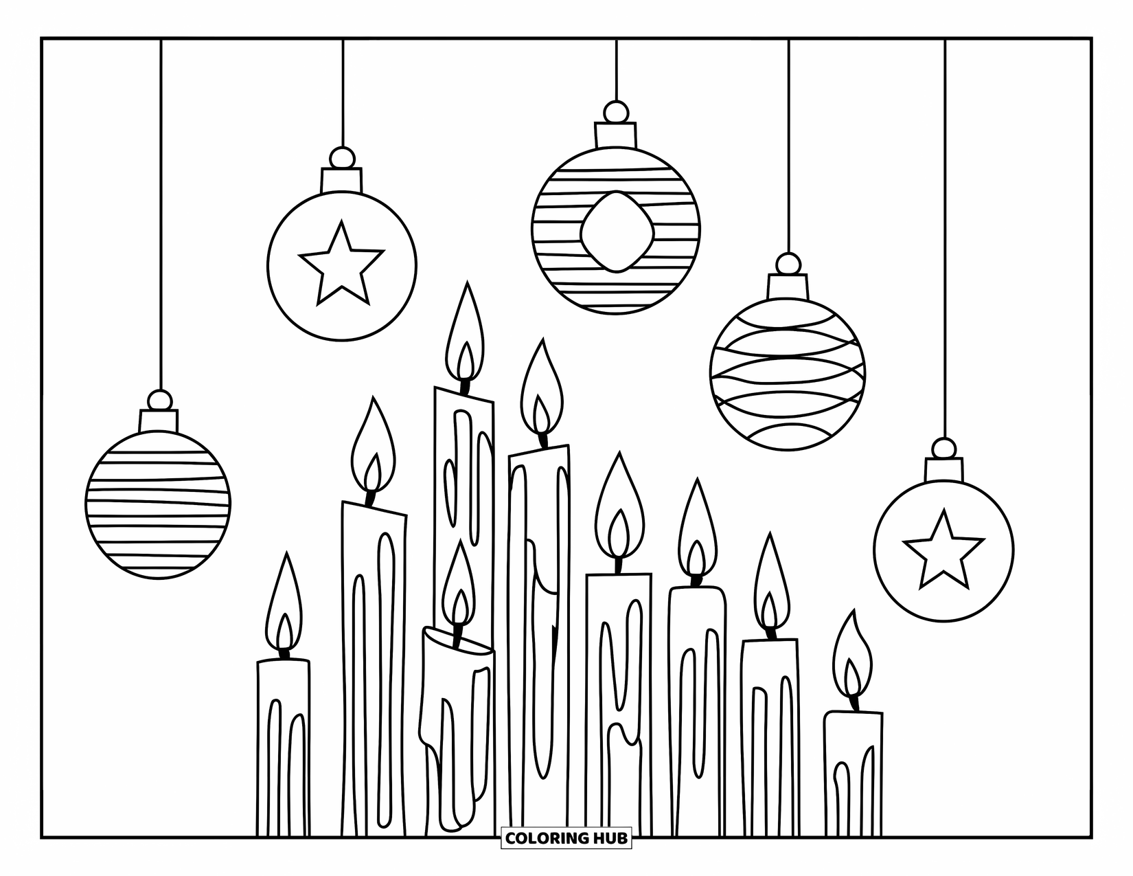 Candle Coloring Page for Kids: Holiday candles with hanging ornaments create a festive display