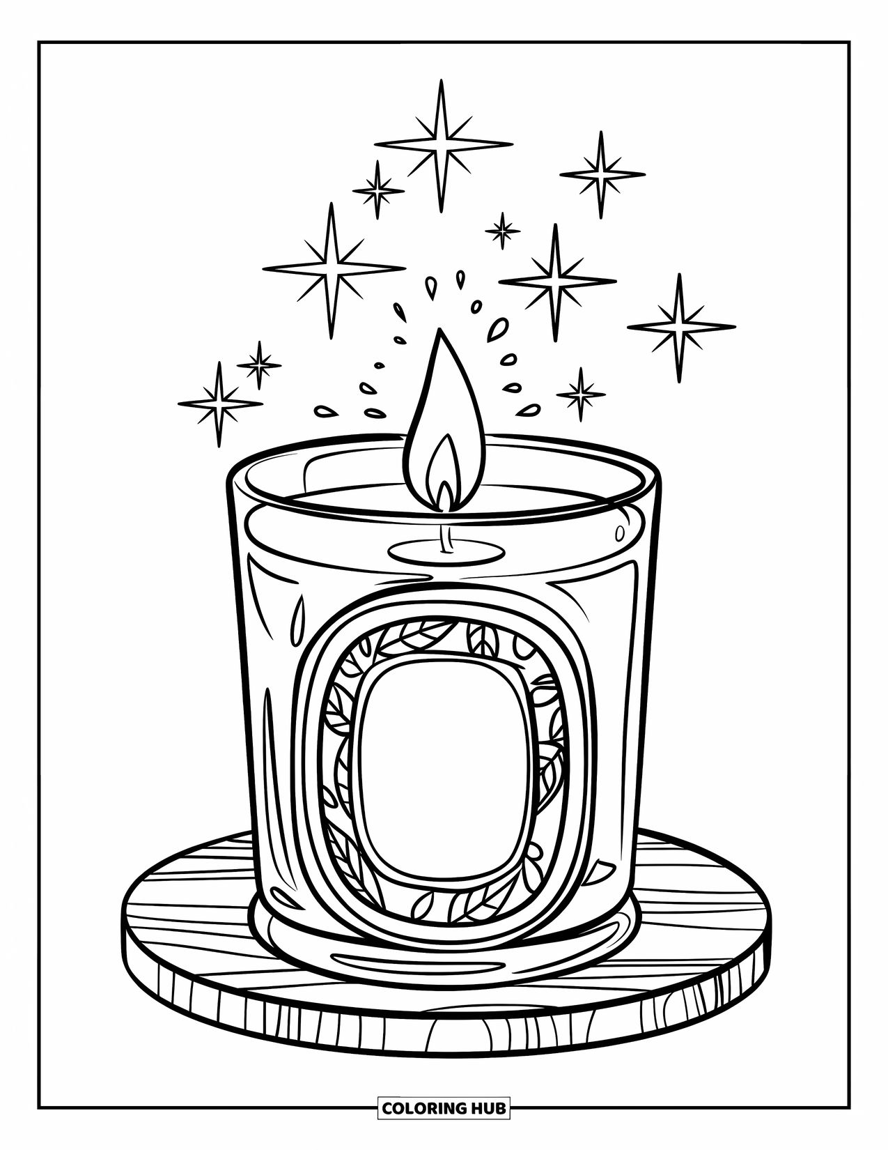 Candle Coloring Page for Kids: Jar candle with leafy label glows with sparks of magic