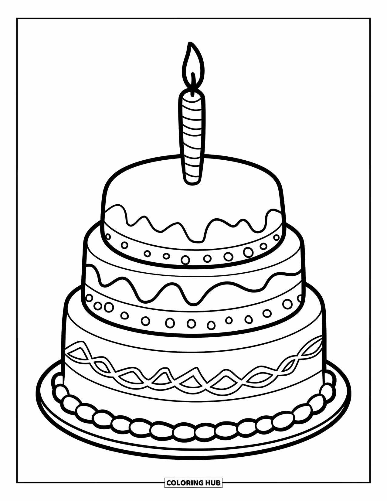 Candle Coloring Page for Kids: Layered cake with a striped candle stands tall and sweet