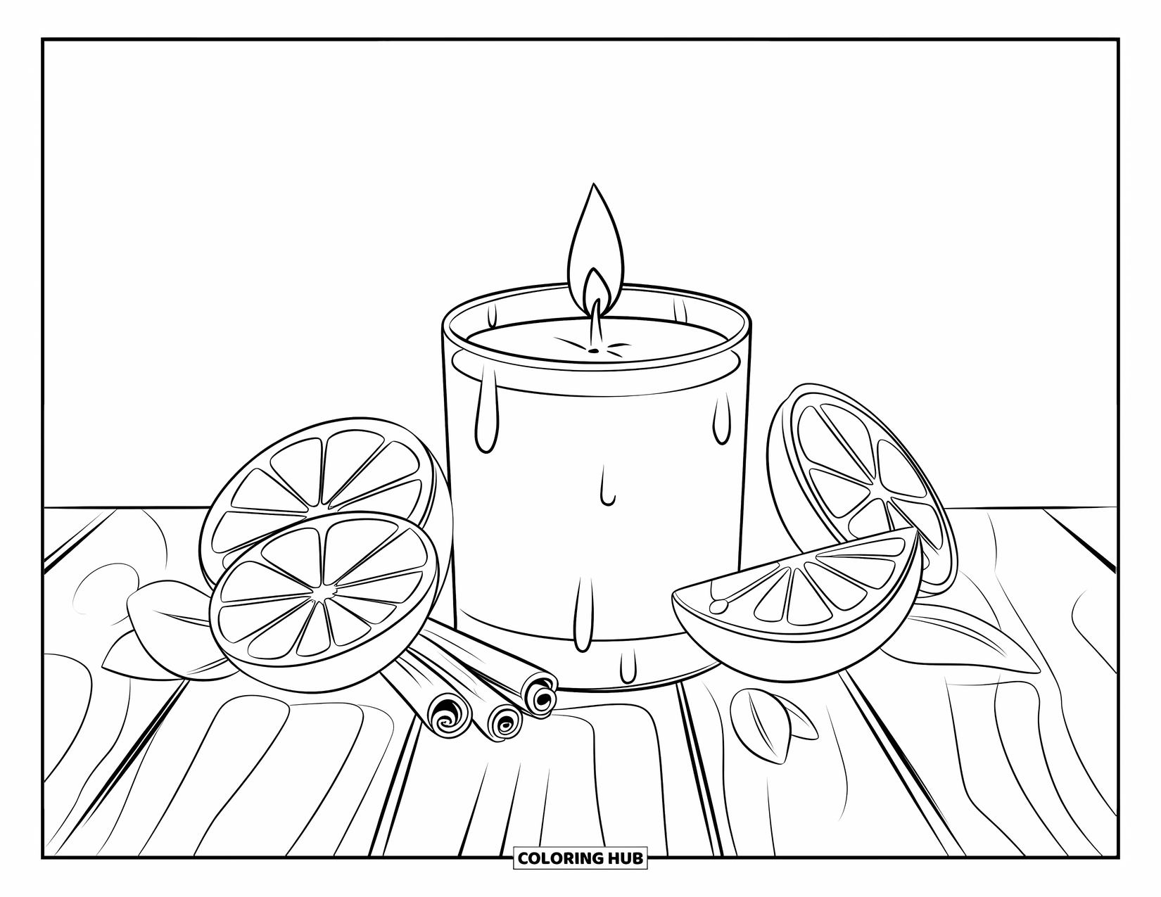 Candle Coloring Page for Kids: Scented candle with oranges, lemons, and cinnamon on a wooden base