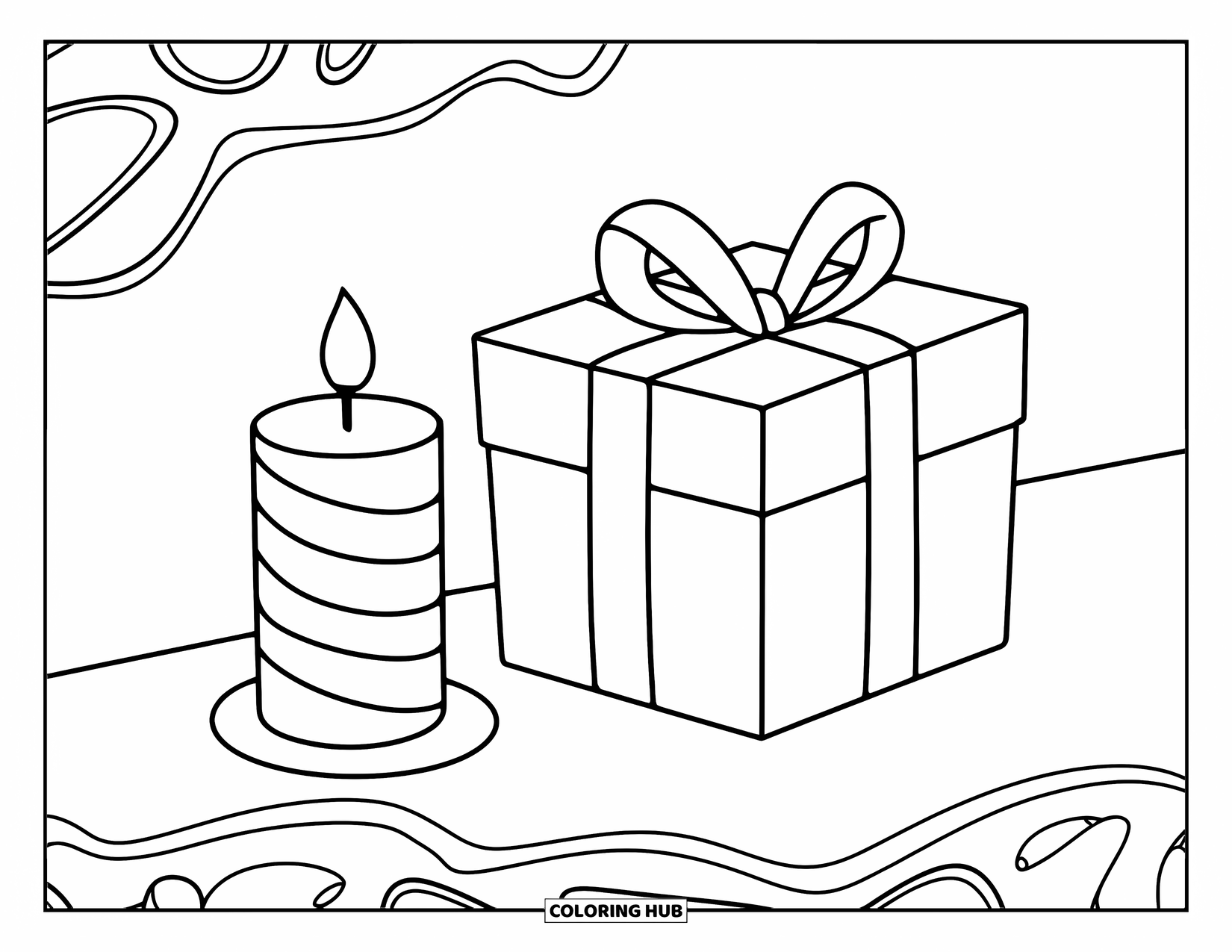 Candle Coloring Page for Kids: Simple striped candle and gift box with a ribbon on a clean surface