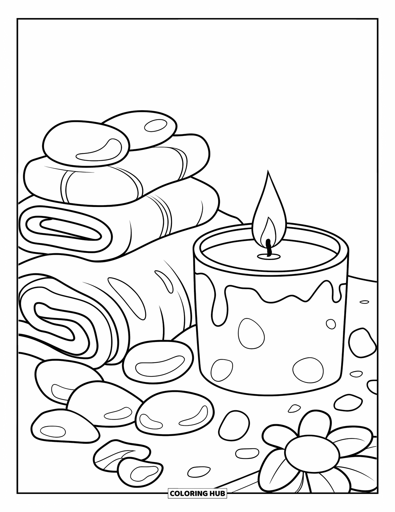 Candle Coloring Page for Kids: Spa candle sits with rolled towels, stones, and petals nearby