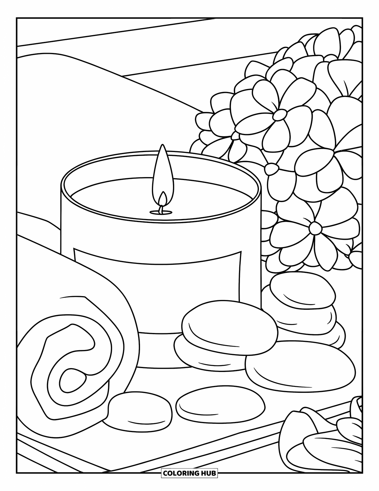 Candle Coloring Page for Kids: Spa candle with soft petals, smooth stones, and a fresh towel nearby