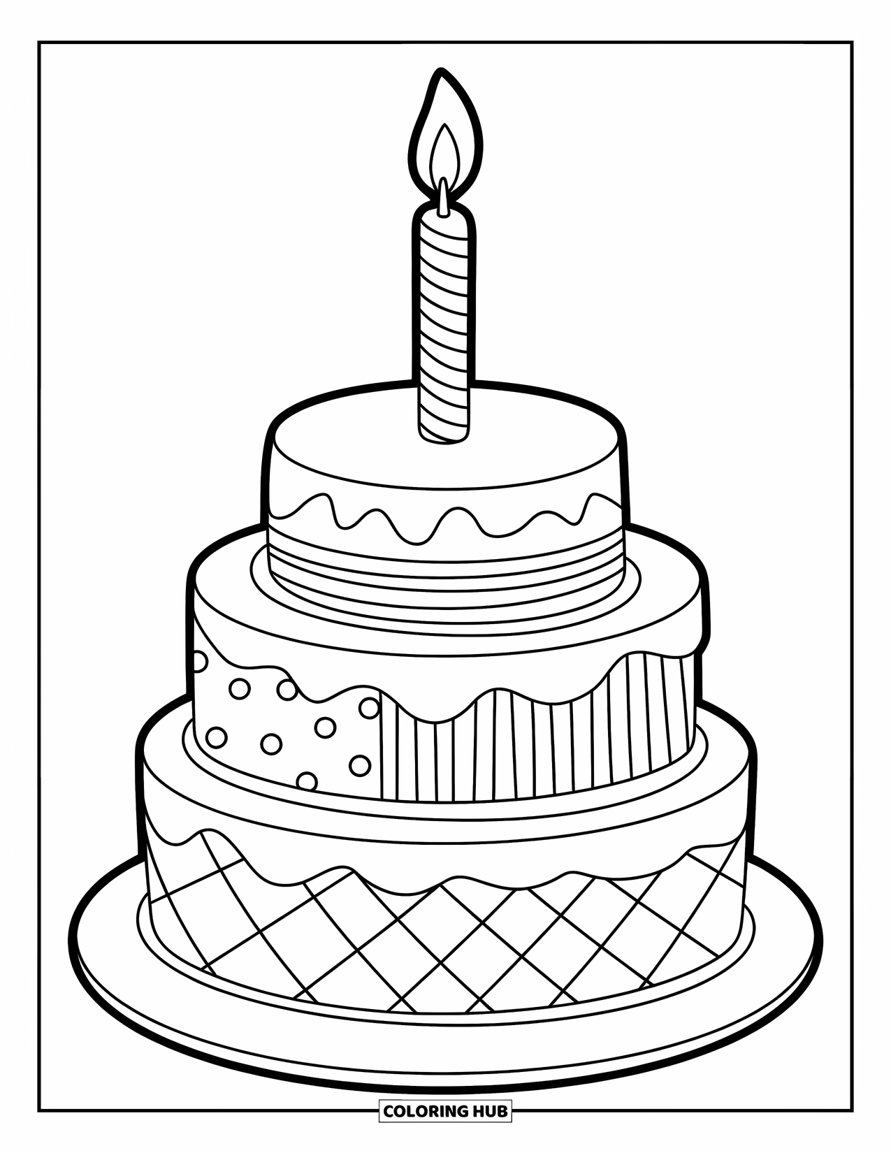 Candle Coloring Page for Kids: Striped candle sits on a three-layer cake with playful patterns