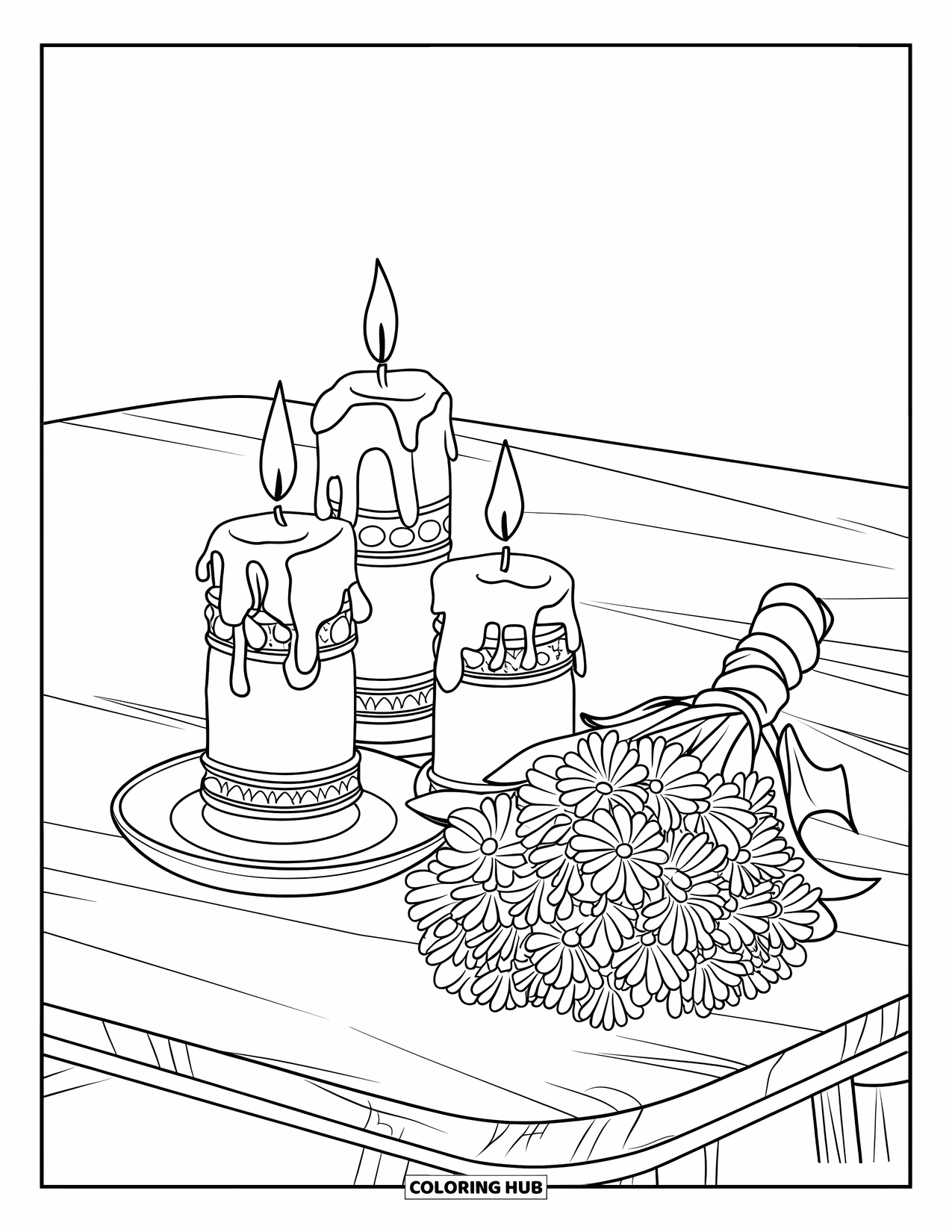 Candle Coloring Page for Kids: Three candles and a ribbon-wrapped bouquet rest on a plain wooden table