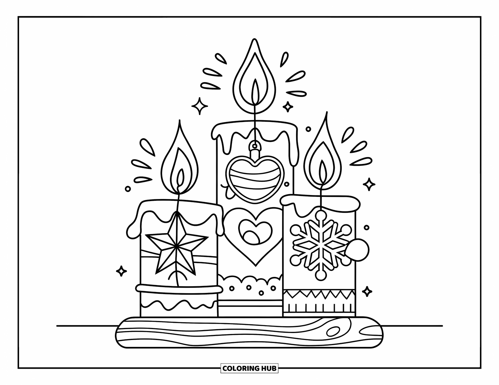 Candle Coloring Page for Kids: Three holiday candles with ornaments rest on a wooden base