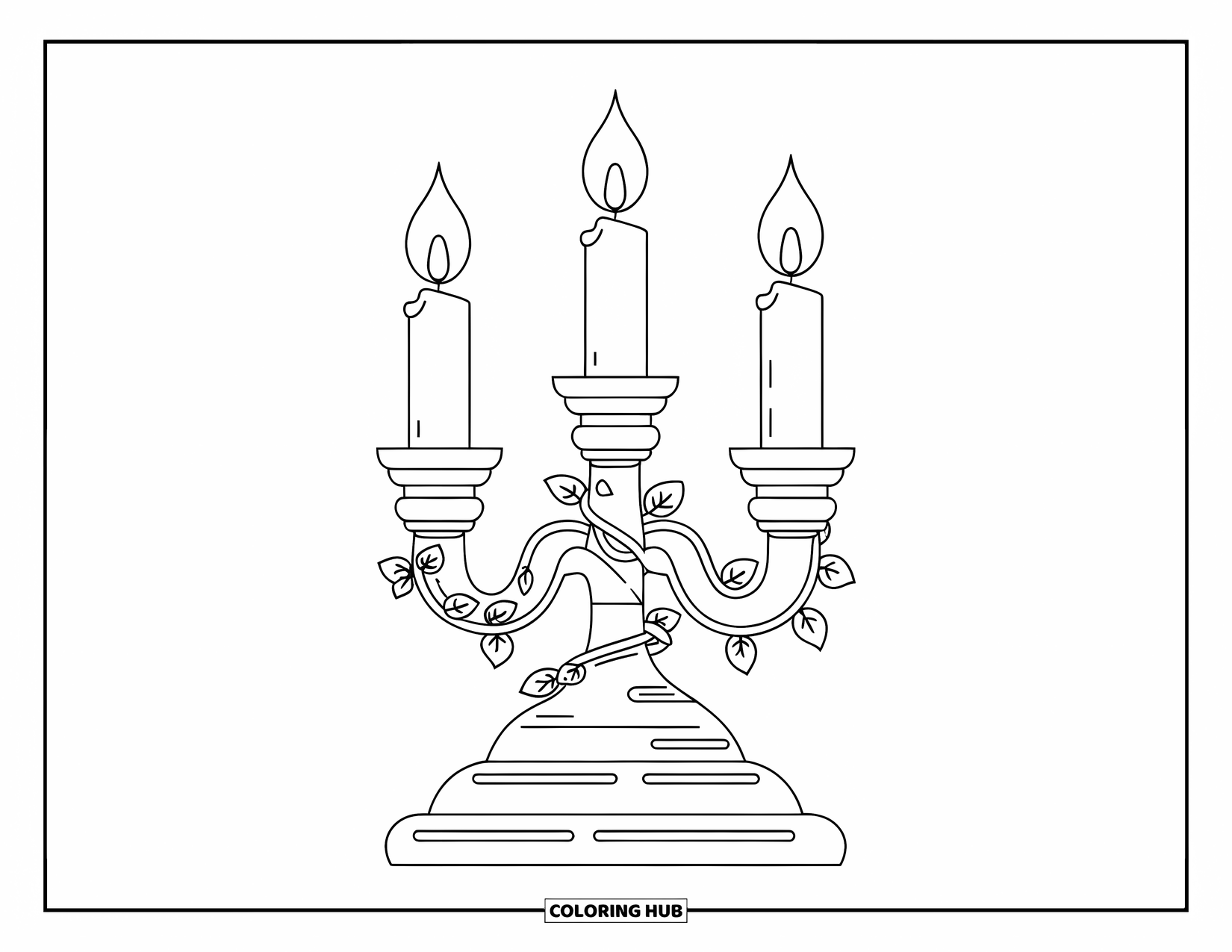 Candle Coloring Page for Kids: Vine-wrapped candelabra with three flames ready for coloring