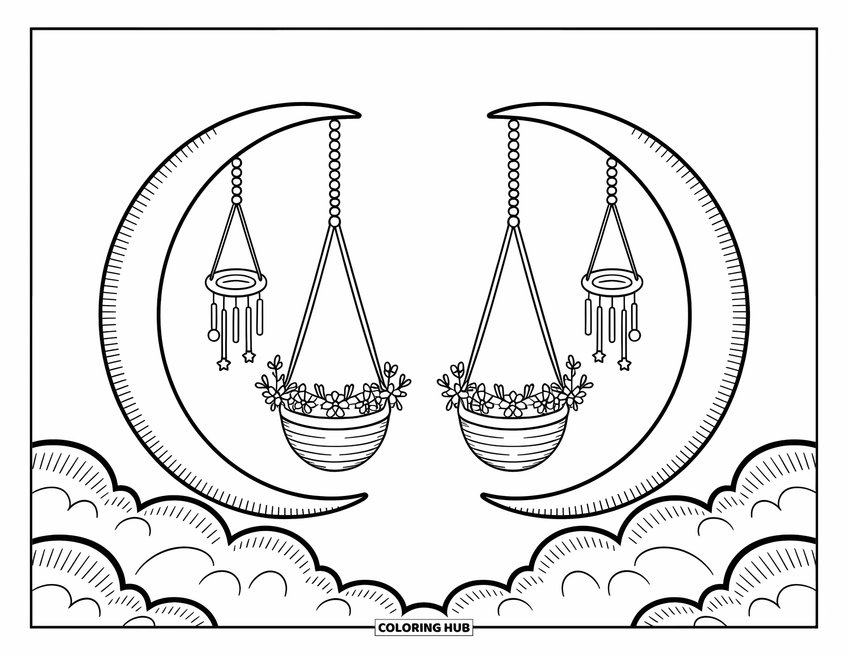 Celestial Coloring Page for Adults: Crescent moon swings float above puffy clouds with tiny baskets and garlands