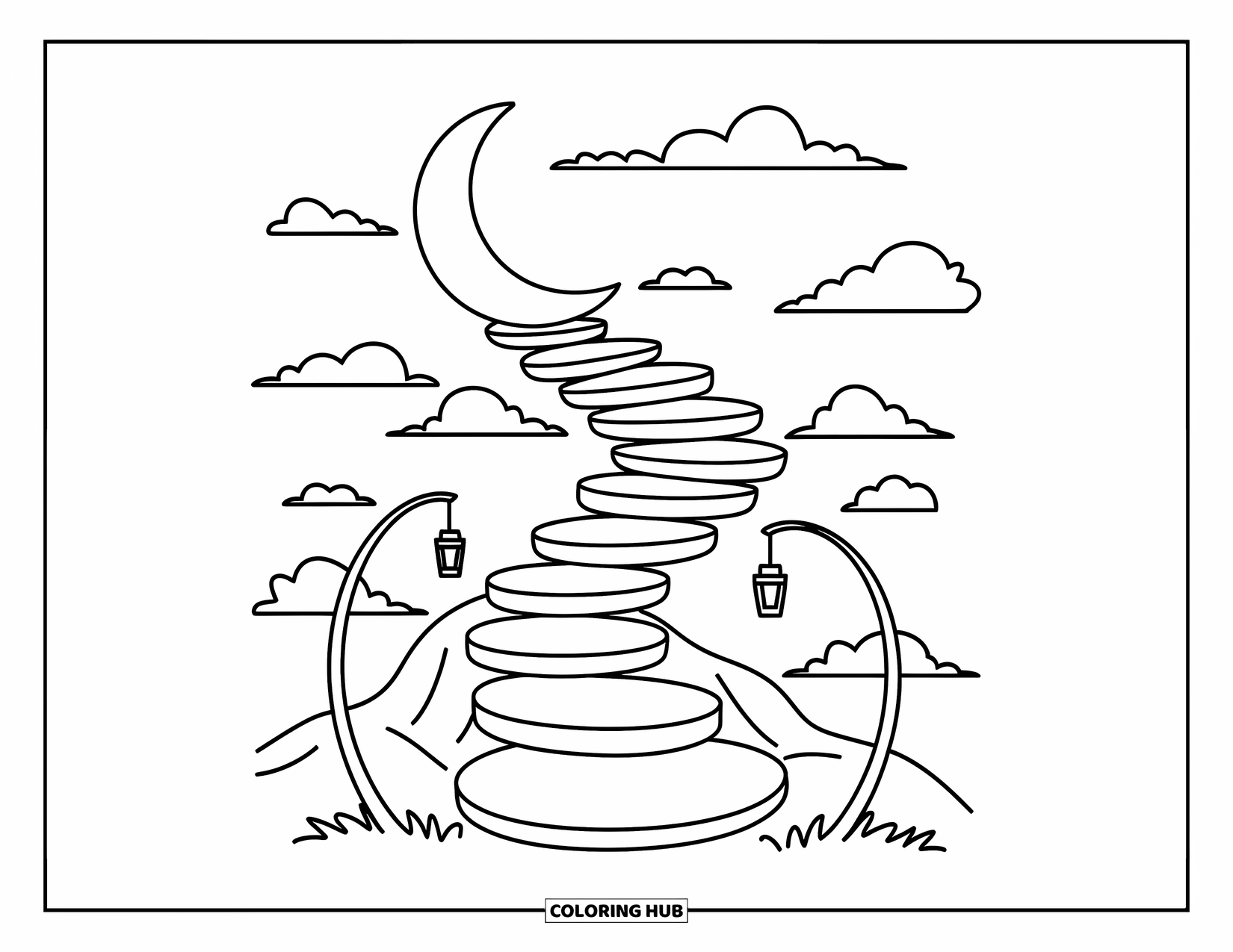 Celestial Coloring Page for Adults: Floating crescent steps lead to the moon past clouds and lanterns