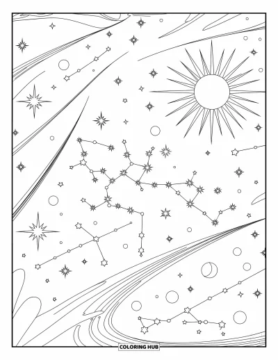 Himmelska målarbild för vuxna: Flödande galaxdesign med stjärnor, månar och stjärnbildsetiketter