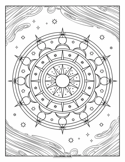 Himmelska målarbild för vuxna: Mandala fylld med stjärnor, månar och planeter i virvlande ringar
