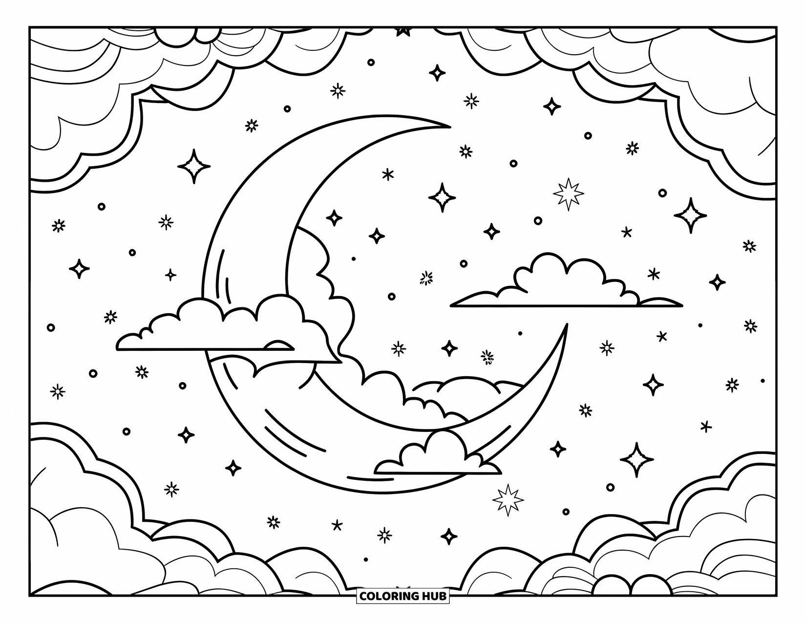 Celestial Coloring Page for Adults: Peaceful moon cradled by soft clouds and tiny glowing stars