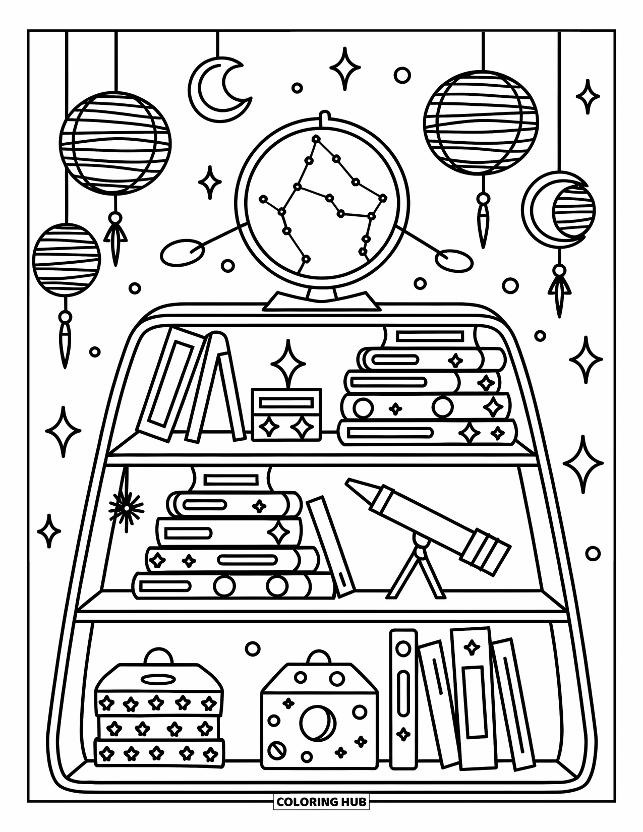 Celestial Coloring Page for Adults: Whimsical bookshelf displays a telescope, moon books, and constellation globe
