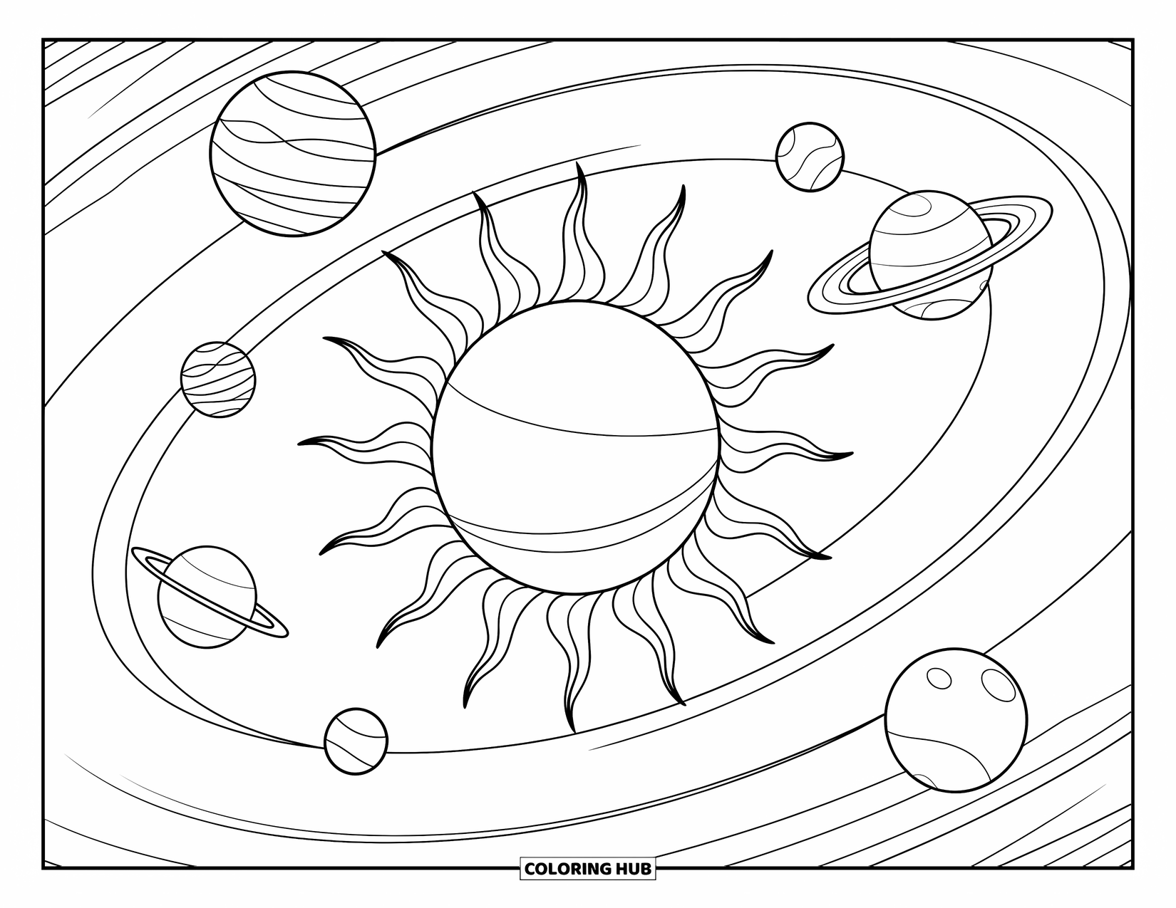 Celestial Coloring Page for Kids: Bold sun with flowing rays and orbiting planets