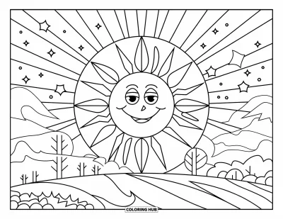 Himmelska målarbild för barn: Glad sol tittar fram över en kulle med träd och stjärnor