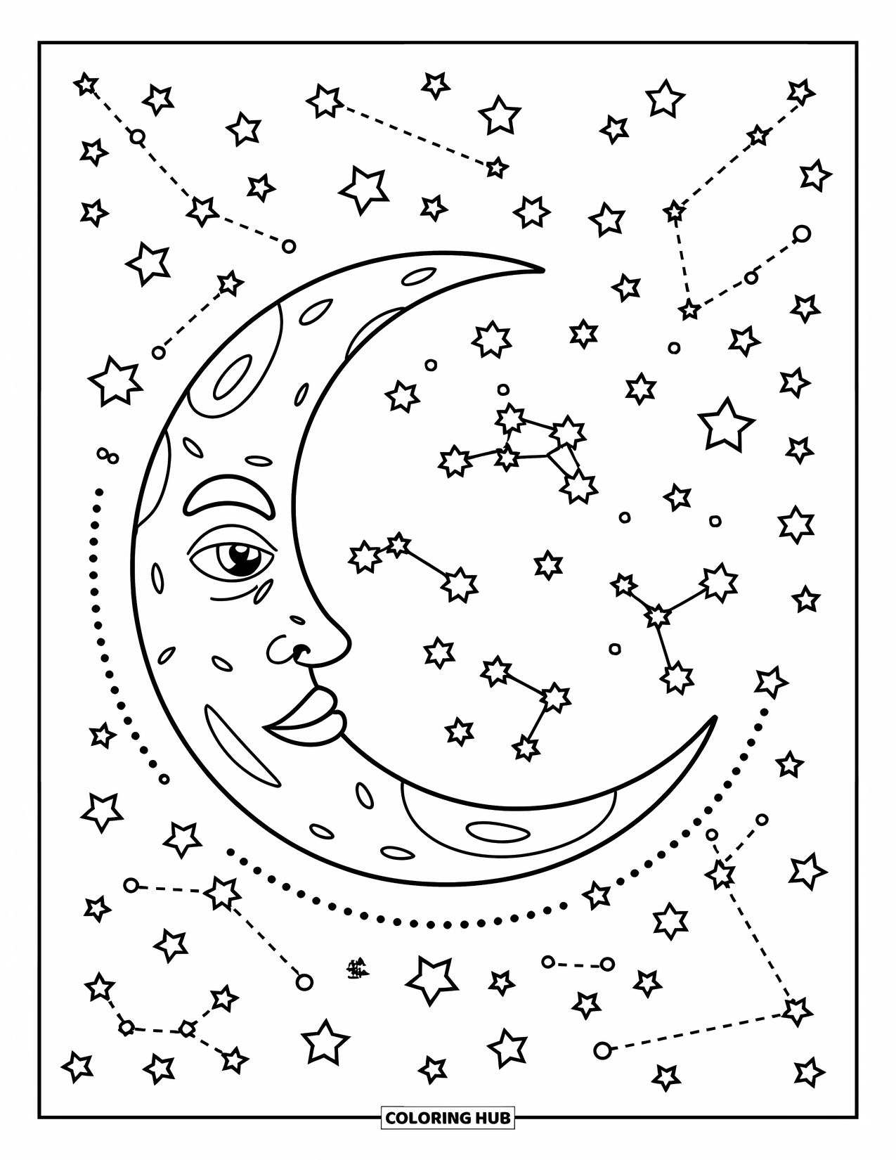 Celestial Coloring Page for Kids: Large moon with star patterns and dotted space trails