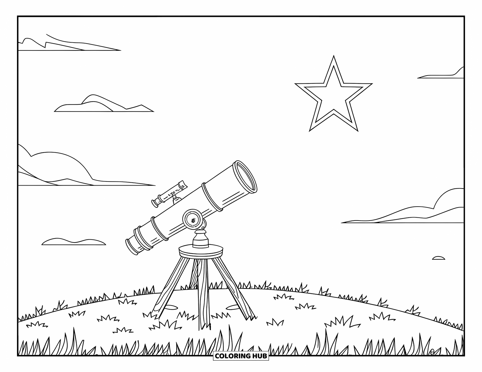 Celestial Coloring Page for Kids: Large telescope on grassy hill under a glowing star