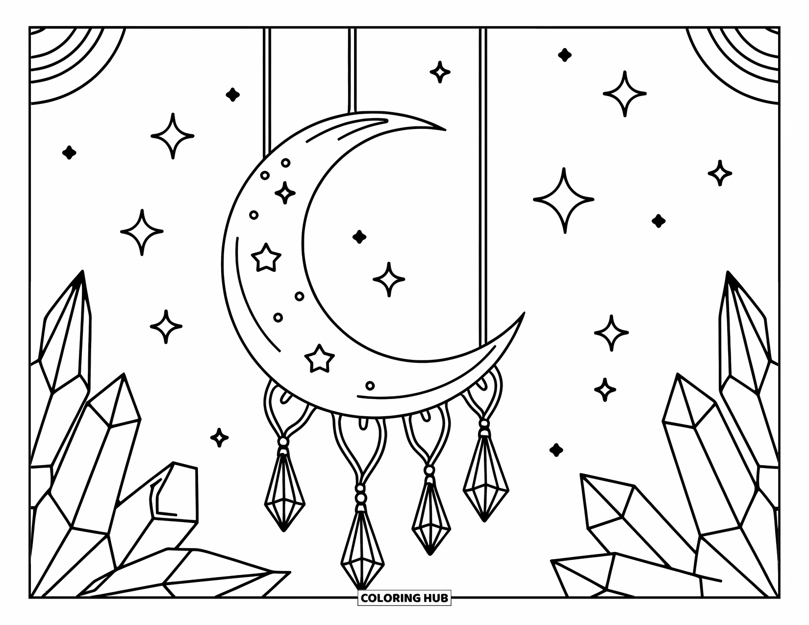Celestial Coloring Page for Kids: Moon with stars and crystals hanging on delicate strings