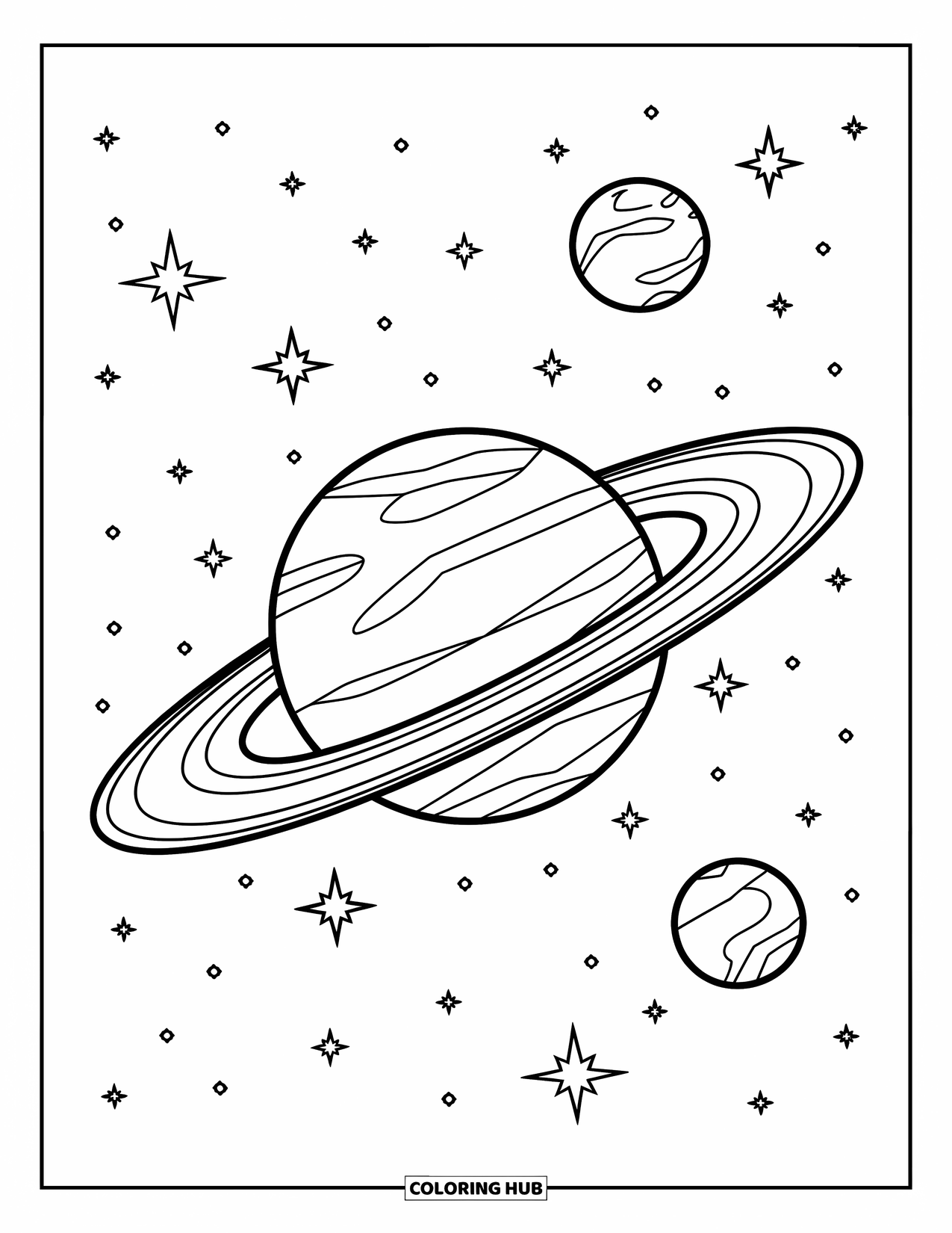 Celestial Coloring Page for Kids: Planet with bold rings and two tiny moons in space
