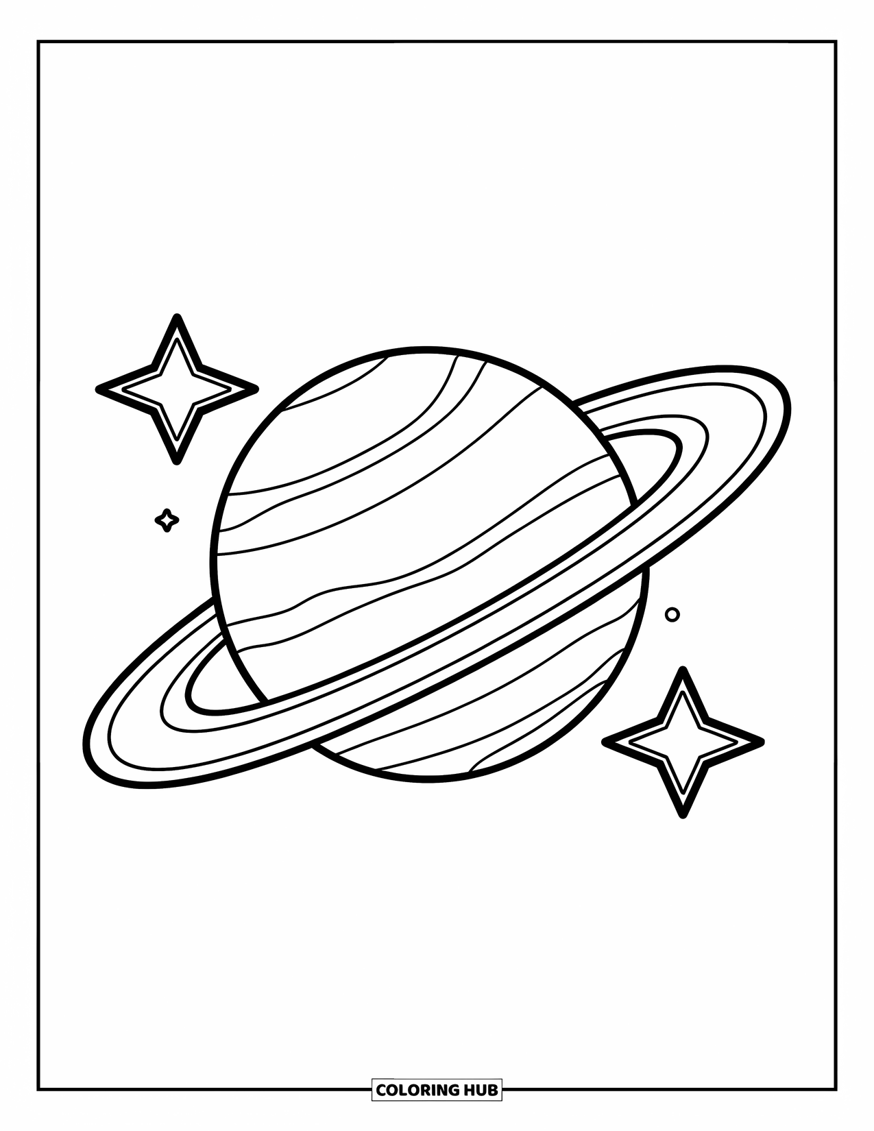 Celestial Coloring Page for Kids: Planet with thick rings and two nearby stars