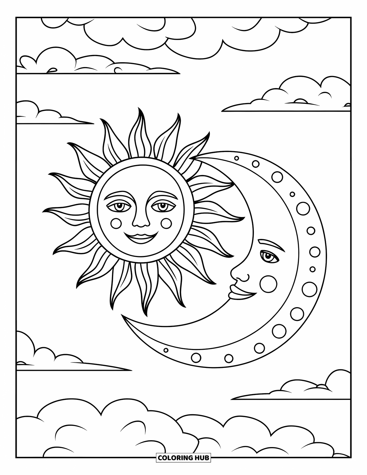 Celestial Coloring Page for Kids: Sun and moon with friendly faces among drifting clouds