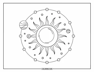 Himmelska målarbild för barn: Sol och planeter omgivna av stjärnor i en prydlig omloppsbana