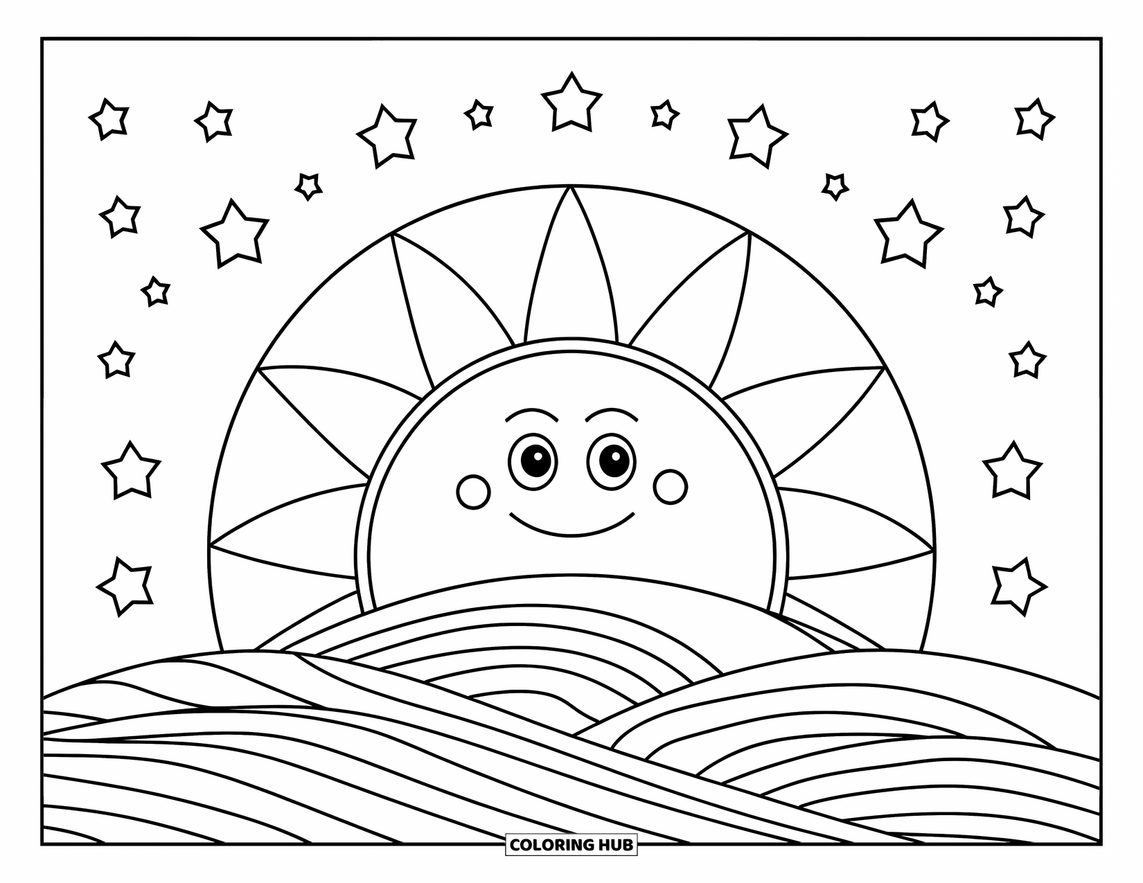 Celestial Coloring Page for Kids: Sun with a wide smile rising above starry hills