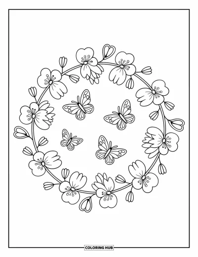 Kirschblüten-Ausmalbild für Erwachsene: Ein Kreis aus Kirschblüten mit Schmetterlingen, Anhängern und in jede Schlaufe eingefügten Blütenblättern