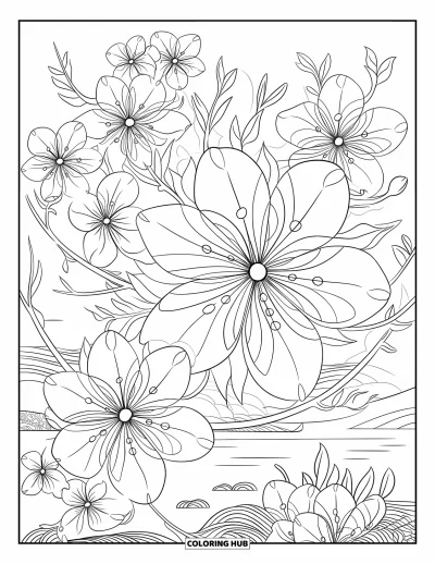 Kirschblüten-Ausmalbild für Erwachsene: Ein florales Mandala mit Blüten, Knospen und Blättern in einem zarten Design