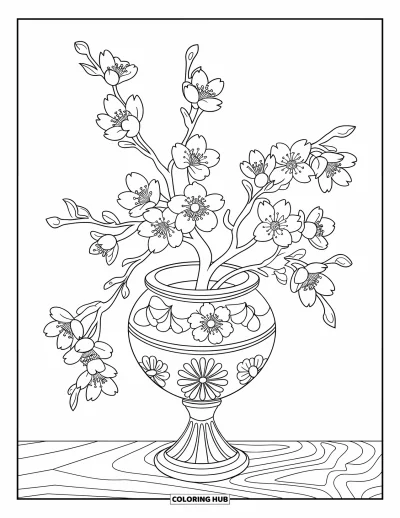 Kirschblüten-Ausmalbild für Erwachsene: Eine mit Blumenmuster verzierte Vase mit Kirschblüten auf schlichtem Untergrund