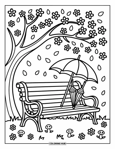 Kirschblüten-Ausmalbild für Erwachsene: Eine blütenreiche Bankszene mit Regenschirmen und Kirschblüten in der Luft