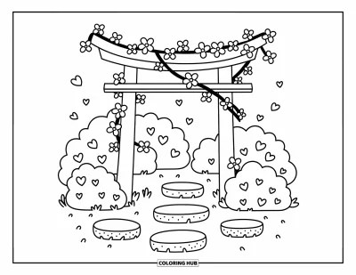 Kirschblüten-Ausmalbild für Erwachsene: Ein Gartentor mit geschwungenem Torii und sanften Kirschzweigen über Trittsteinchen und Büschen