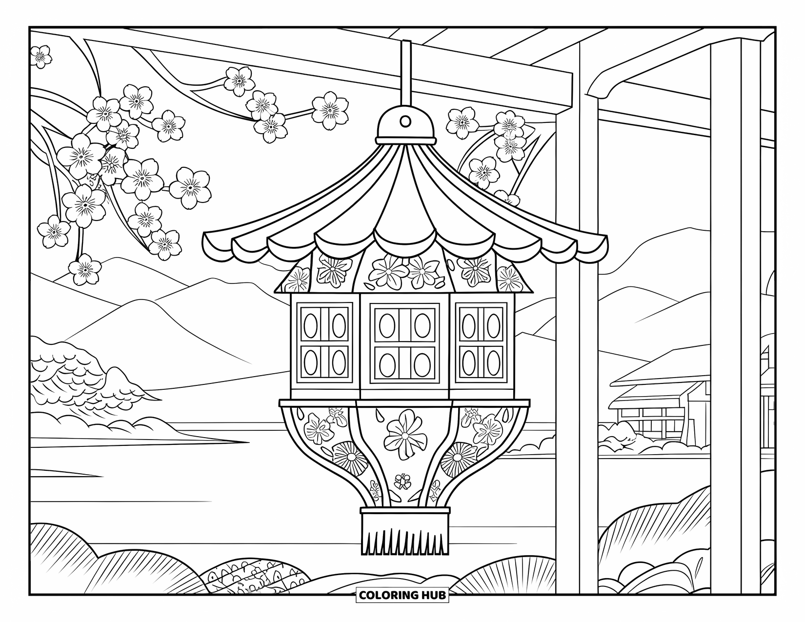 Cherry Blossom Coloring Page for Adults: A hanging lantern with blossoms and a peaceful mountain view
